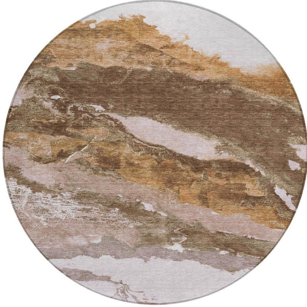 HomeRoots 8' Brown and Silver Round Abstract Rug – Washable, Stain-Resistant, Ideal for Indoor/Outdoor Spaces 630335