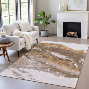 HomeRoots 9' X 12' Brown and Silver Abstract Area Rug - Stylish, Washable, Durable for Indoor & Outdoor Spaces 630337