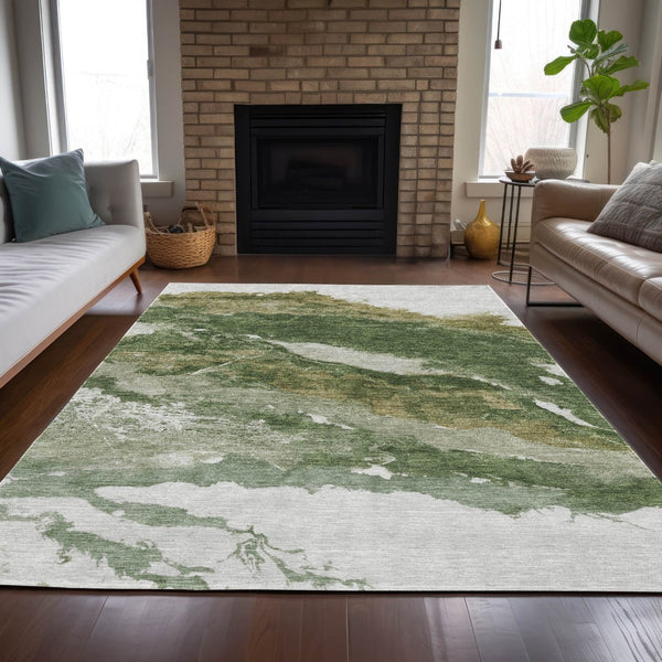 HomeRoots 5' X 8' Abstract Green and Silver Washable Area Rug - Stylish Indoor/Outdoor Durable Design, Easy Care 630340