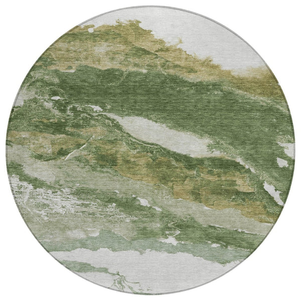 HomeRoots 8' Green and Silver Round Abstract Area Rug - Stylish, Washable, Indoor/Outdoor Perfect for High Traffic Areas 630341