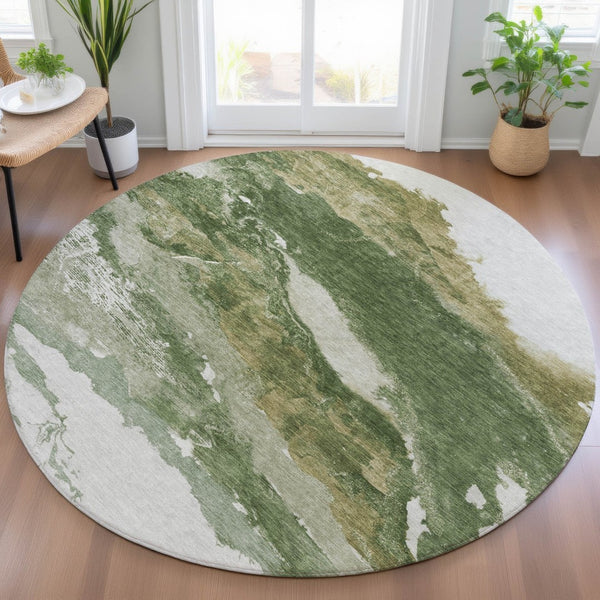HomeRoots 8' Green and Silver Round Abstract Area Rug - Stylish, Washable, Indoor/Outdoor Perfect for High Traffic Areas 630341