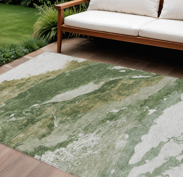 HomeRoots 10' X 14' Washable Green & Silver Abstract Area Rug - Stylish, Durable, Indoor/Outdoor Versatility! 630344