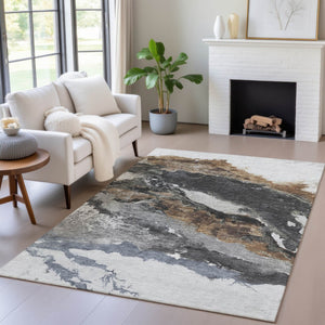 HomeRoots 5' Modern Gray and Silver Abstract Washable Area Rug for Indoor/Outdoor High-Traffic Spaces 630346