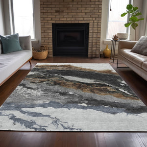 HomeRoots 5' Modern Gray and Silver Abstract Washable Area Rug for Indoor/Outdoor High-Traffic Spaces 630346