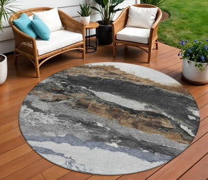 HomeRoots 8' Gray and Silver Round Abstract Rug - Stylish, Washable Indoor/Outdoor Area Rug for High-Traffic Use 630347