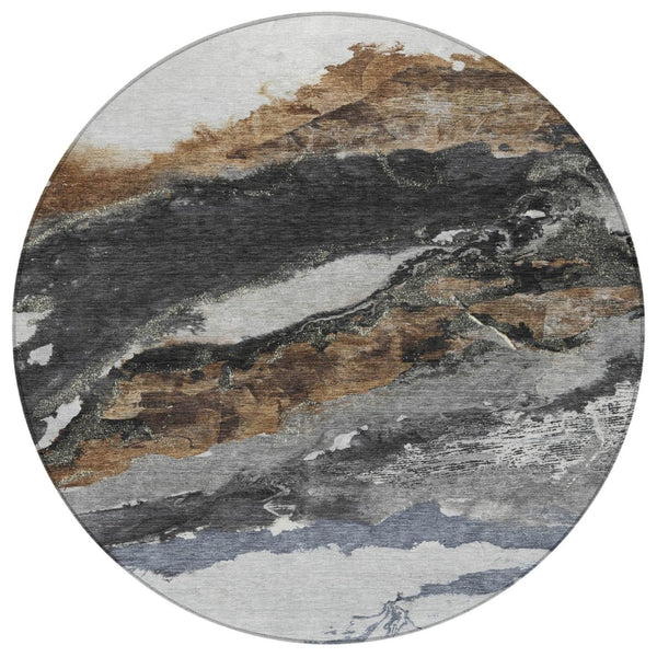 HomeRoots 8' Gray and Silver Round Abstract Rug - Stylish, Washable Indoor/Outdoor Area Rug for High-Traffic Use 630347