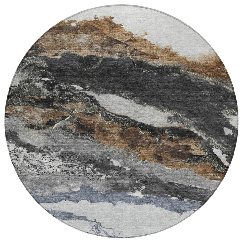 HomeRoots 8' Gray and Silver Round Abstract Rug - Stylish, Washable Indoor/Outdoor Area Rug for High-Traffic Use 630347