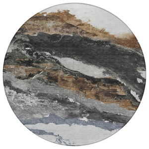 HomeRoots 8' Gray and Silver Round Abstract Rug - Stylish, Washable Indoor/Outdoor Area Rug for High-Traffic Use 630347