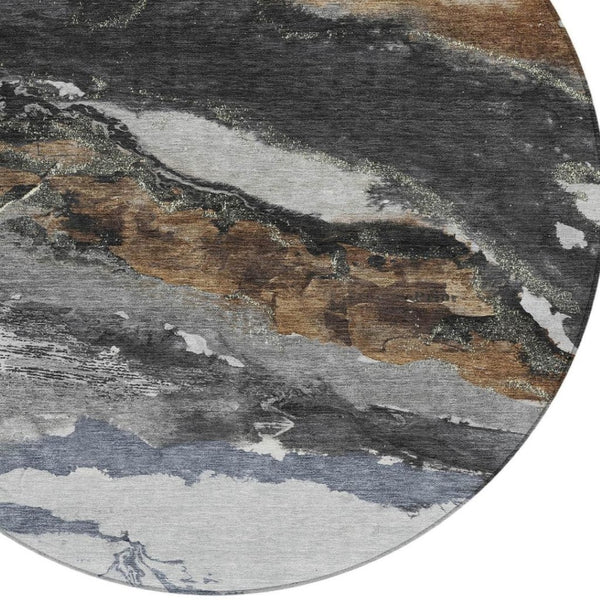 HomeRoots 8' Gray and Silver Round Abstract Rug - Stylish, Washable Indoor/Outdoor Area Rug for High-Traffic Use 630347