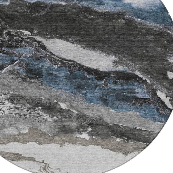 HomeRoots 8' Contemporary Pewter and Silver Round Abstract Rug - Stylish, Washable, Indoor/Outdoor Versatility 630353