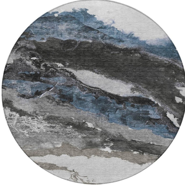 HomeRoots 8' Contemporary Pewter and Silver Round Abstract Rug - Stylish, Washable, Indoor/Outdoor Versatility 630353