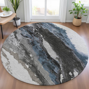 HomeRoots 8' Contemporary Pewter and Silver Round Abstract Rug - Stylish, Washable, Indoor/Outdoor Versatility 630353