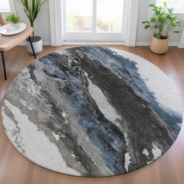 HomeRoots 8' Contemporary Pewter and Silver Round Abstract Rug - Stylish, Washable, Indoor/Outdoor Versatility 630353