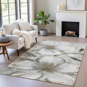 HomeRoots 5' X 8' Elegant Silver Gray & Beige Floral Area Rug – Washable, Durable for Indoor & Outdoor Use! 630358