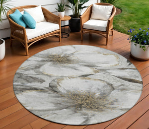 HomeRoots 8' Elegant Silver Gray and Beige Round Floral Washable Area Rug for Indoor and Outdoor Use 630359