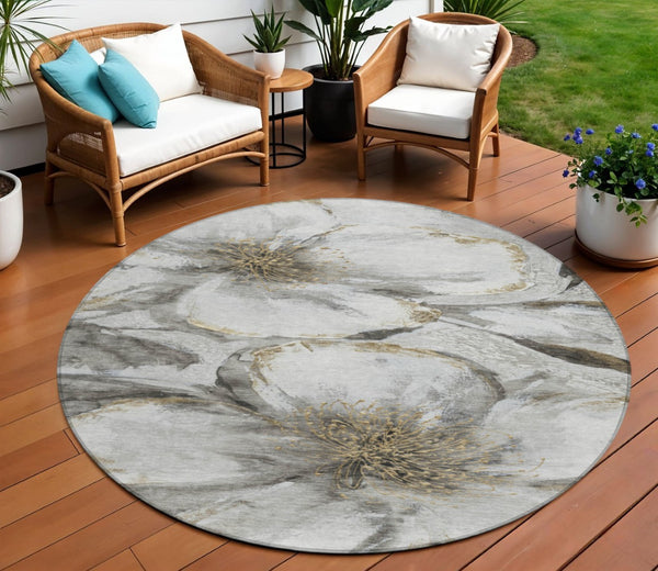 HomeRoots 8' Elegant Silver Gray and Beige Round Floral Washable Area Rug for Indoor and Outdoor Use 630359