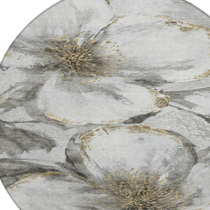 HomeRoots 8' Elegant Silver Gray and Beige Round Floral Washable Area Rug for Indoor and Outdoor Use 630359