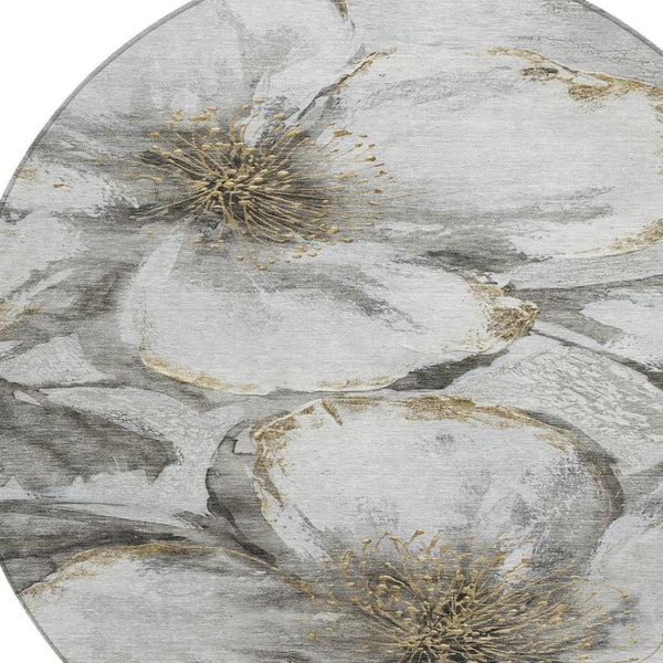 HomeRoots 8' Elegant Silver Gray and Beige Round Floral Washable Area Rug for Indoor and Outdoor Use 630359