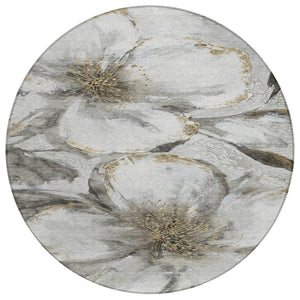 HomeRoots 8' Elegant Silver Gray and Beige Round Floral Washable Area Rug for Indoor and Outdoor Use 630359