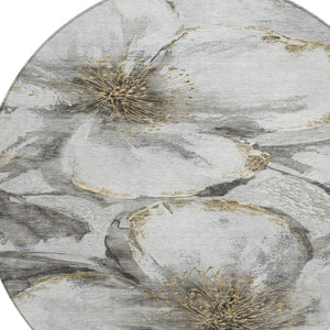 HomeRoots 8' Elegant Silver Gray and Beige Round Floral Washable Area Rug for Indoor and Outdoor Use 630359