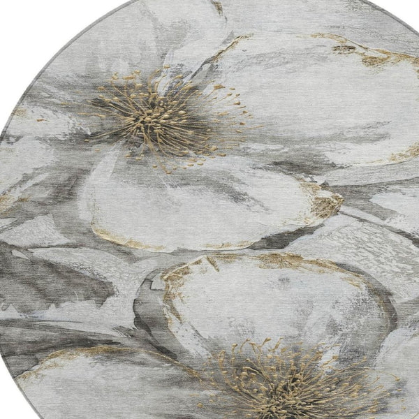HomeRoots 8' Elegant Silver Gray and Beige Round Floral Washable Area Rug for Indoor and Outdoor Use 630359