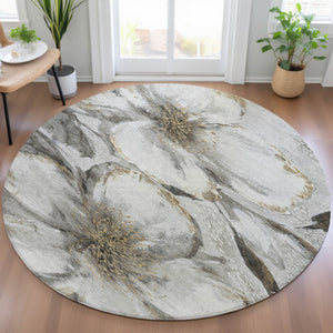 HomeRoots 8' Elegant Silver Gray and Beige Round Floral Washable Area Rug for Indoor and Outdoor Use 630359