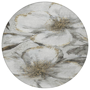 HomeRoots 8' Elegant Silver Gray and Beige Round Floral Washable Area Rug for Indoor and Outdoor Use 630359