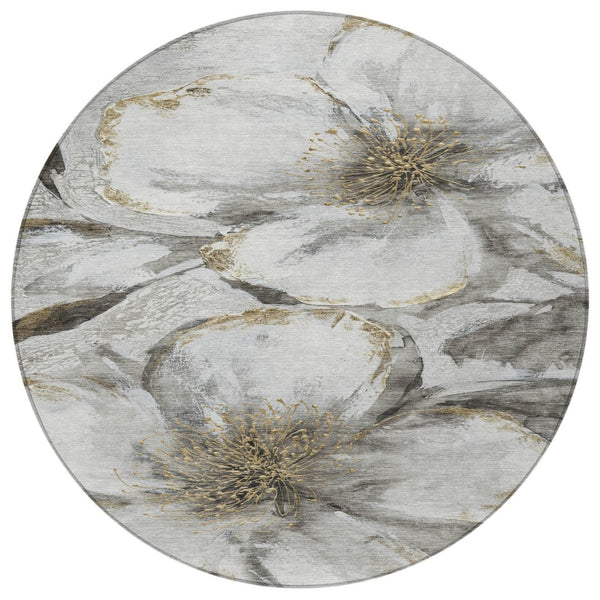 HomeRoots 8' Elegant Silver Gray and Beige Round Floral Washable Area Rug for Indoor and Outdoor Use 630359