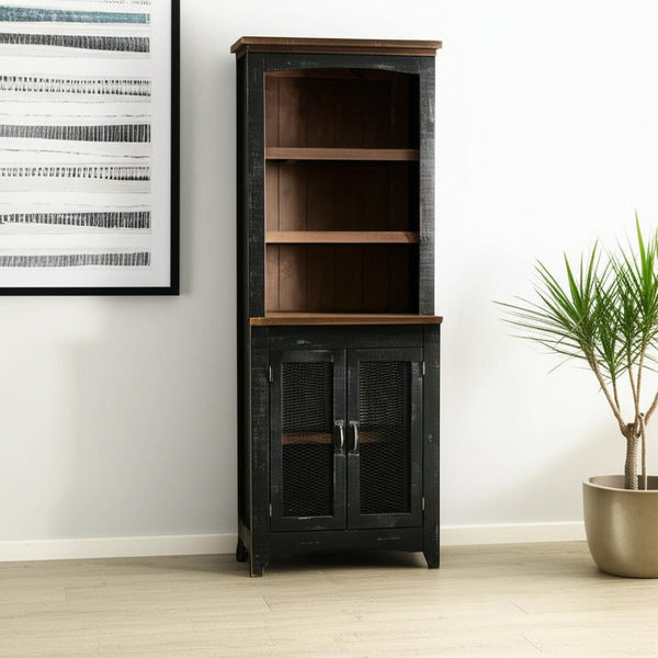 HomeRoots 72" Brown and Black Distressed Wood Dining Hutch – Stylish Storage Solution for Your Home Decor 630363