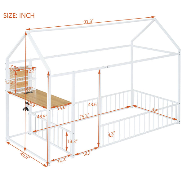 English Elm Twin House Bed Frame with Roof & Fence, Metal Twin Loft with Built-In Desk Shelves USB Outlets White N737P173490K