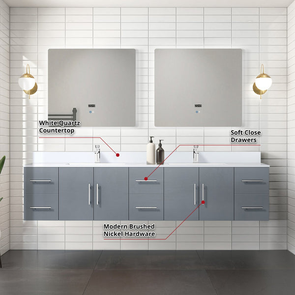 English Elm Dark Grey Double Bath Vanity 84 in. W x 22 in. D with White Quartz Top, Chrome Faucet, 36" LED Mirrors — Durable Scratch-Resistant Surface B2731S01104