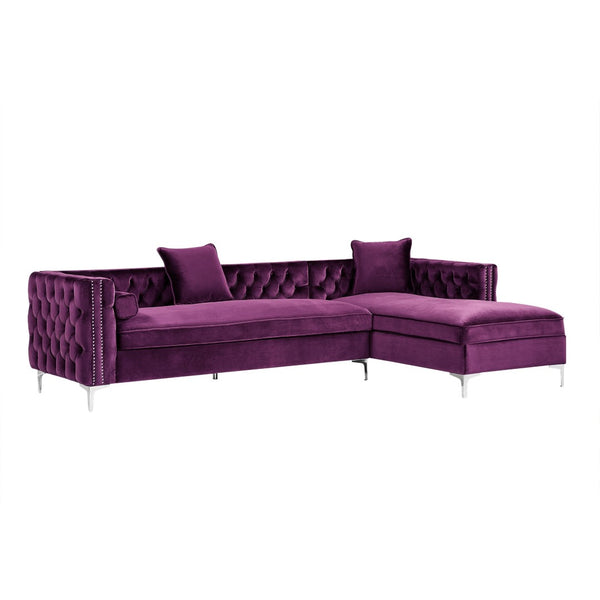 HomeRoots Purple Velvet Sectional Sofa with Chaise, Toss Pillows & Nail Head Trim for Luxurious Comfort 630401