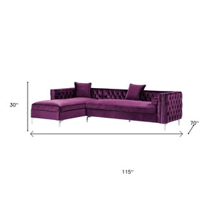 HomeRoots Purple Velvet Sectional Sofa with Chaise, Toss Pillows & Nail Head Trim for Luxurious Comfort 630401