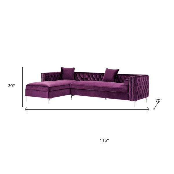 HomeRoots Purple Velvet Sectional Sofa with Chaise, Toss Pillows & Nail Head Trim for Luxurious Comfort 630401