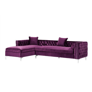 HomeRoots Purple Velvet Sectional Sofa with Chaise, Toss Pillows & Nail Head Trim for Luxurious Comfort 630401