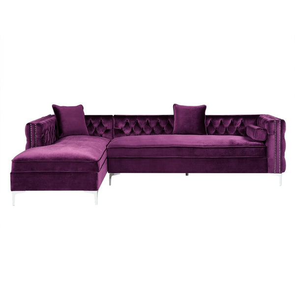HomeRoots Purple Velvet Sectional Sofa with Chaise, Toss Pillows & Nail Head Trim for Luxurious Comfort 630401