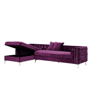 HomeRoots Purple Velvet Sectional Sofa with Chaise, Toss Pillows & Nail Head Trim for Luxurious Comfort 630401