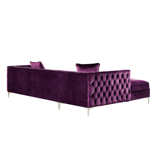 HomeRoots Purple Velvet Sectional Sofa with Chaise, Toss Pillows & Nail Head Trim for Luxurious Comfort 630401