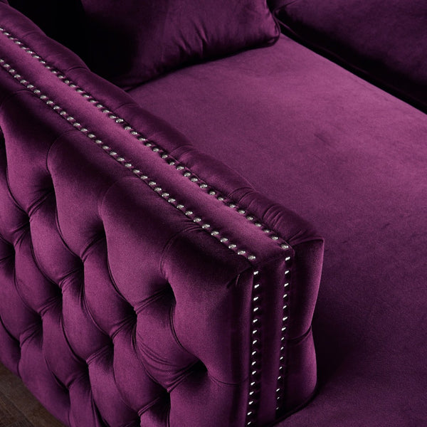 HomeRoots Purple Velvet Sectional Sofa with Chaise, Toss Pillows & Nail Head Trim for Luxurious Comfort 630401