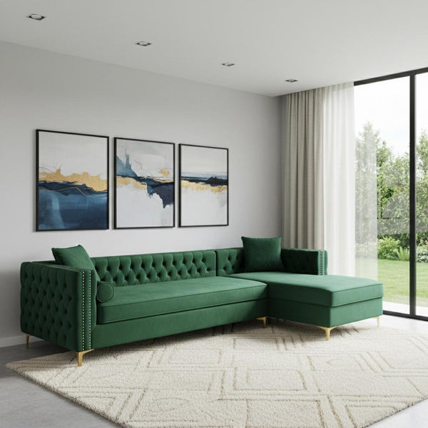 HomeRoots Hunter Green Velvet Sectional Sofa with Chaise, Storage, and Toss Pillows for Stylish Comfort 630402