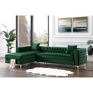 HomeRoots Hunter Green Velvet Sectional Sofa with Chaise, Storage, and Toss Pillows for Stylish Comfort 630402