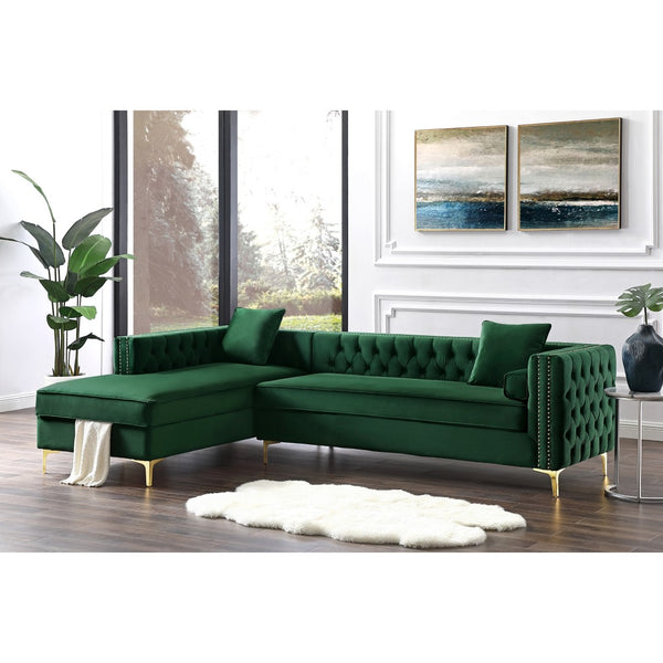 HomeRoots Hunter Green Velvet Sectional Sofa with Chaise, Storage, and Toss Pillows for Stylish Comfort 630402