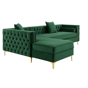 HomeRoots Hunter Green Velvet Sectional Sofa with Chaise, Storage, and Toss Pillows for Stylish Comfort 630402