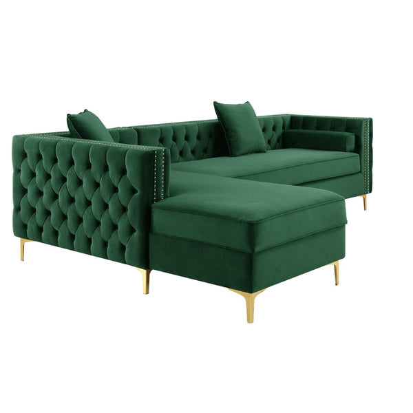 HomeRoots Hunter Green Velvet Sectional Sofa with Chaise, Storage, and Toss Pillows for Stylish Comfort 630402