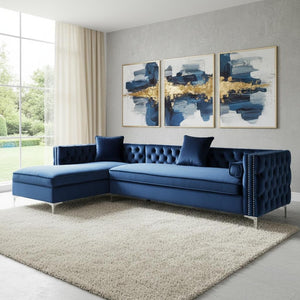 HomeRoots Navy Velvet Sectional Sofa with Chaise, Storage & Toss Pillows – Luxurious, Stylish Seating for 5 630403