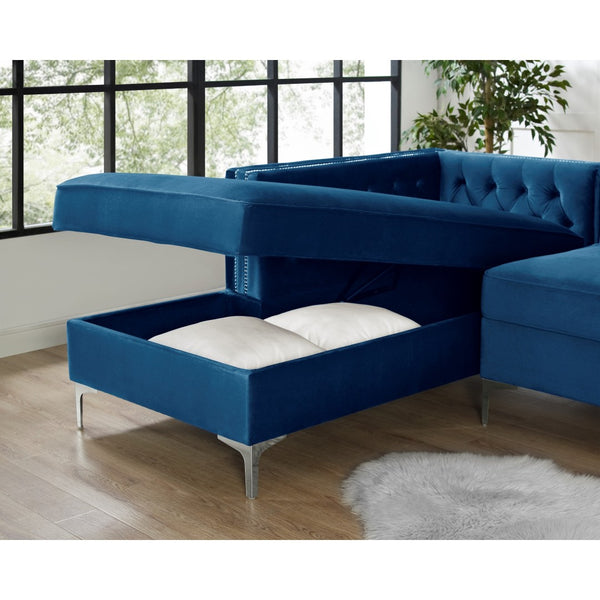 HomeRoots Navy Velvet Sectional Sofa with Chaise, Storage & Toss Pillows – Luxurious, Stylish Seating for 5 630403