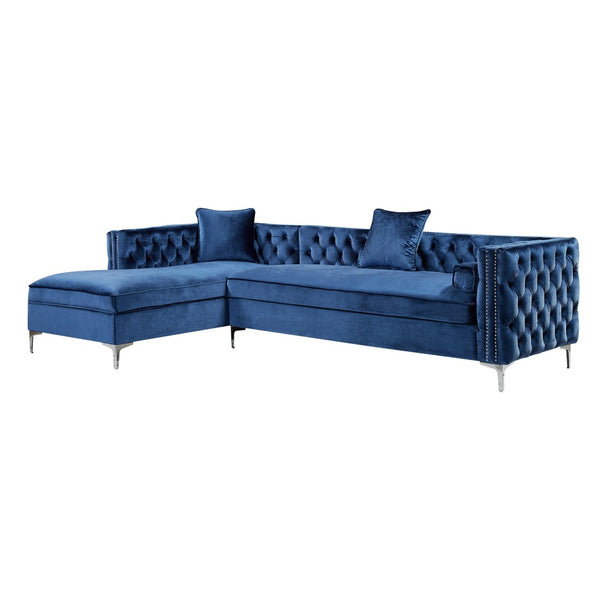 HomeRoots Navy Velvet Sectional Sofa with Chaise, Storage & Toss Pillows – Luxurious, Stylish Seating for 5 630403