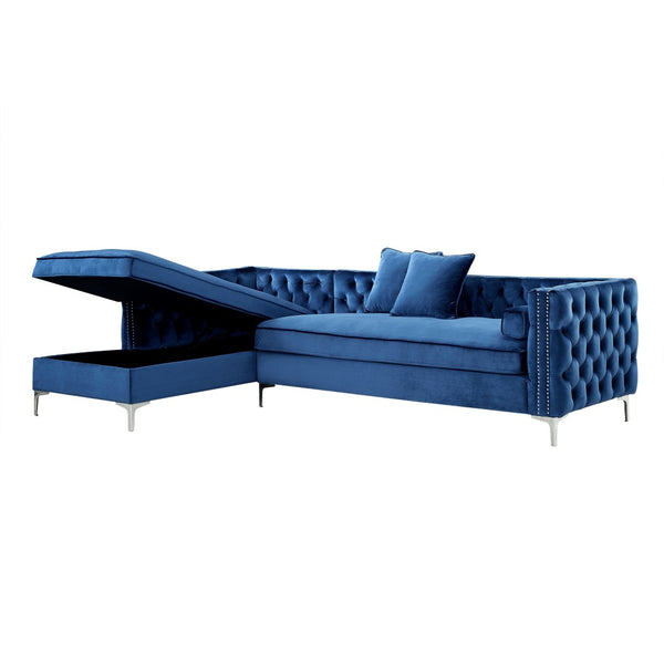 HomeRoots Navy Velvet Sectional Sofa with Chaise, Storage & Toss Pillows – Luxurious, Stylish Seating for 5 630403
