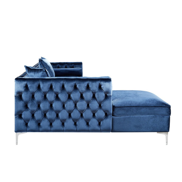 HomeRoots Navy Velvet Sectional Sofa with Chaise, Storage & Toss Pillows – Luxurious, Stylish Seating for 5 630403