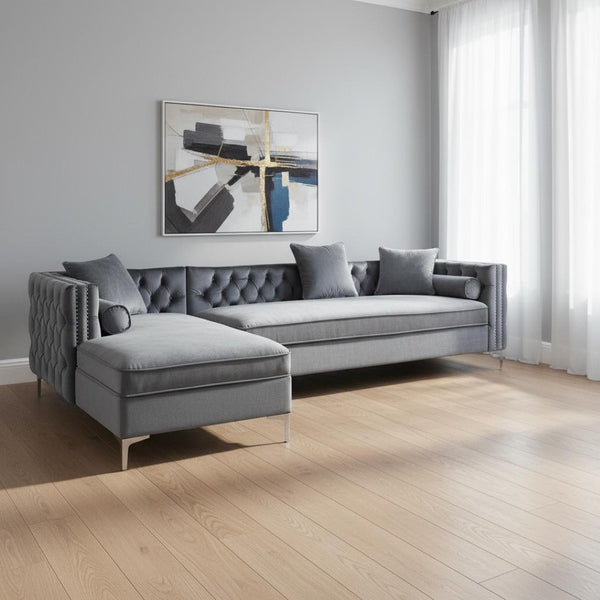 HomeRoots Gray Velvet Sectional Sofa with Chaise, Storage & Toss Pillows - Modern Luxury for Your Living Room 630404